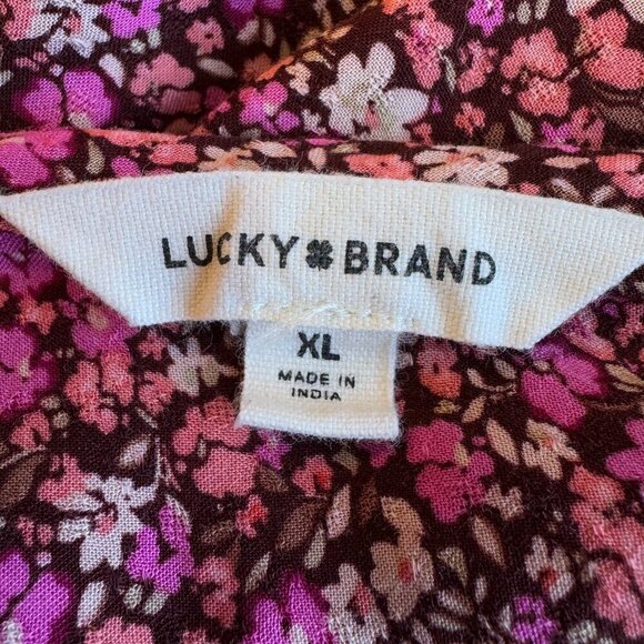 Lucky Brand Purple Print BOHO Top Balloon Sleeve with Pintucks Button Front XL - Picture 5 of 9